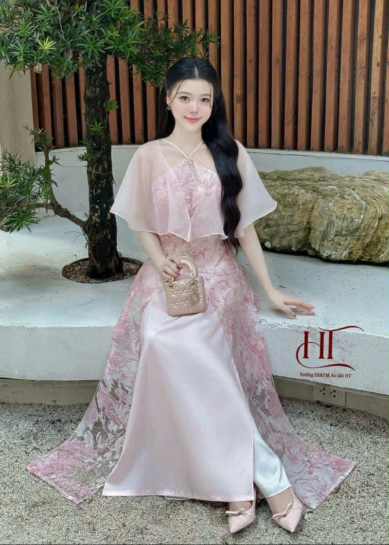 Embroidered Silk Modernize Ao Dai With Chiffon Halter Neck