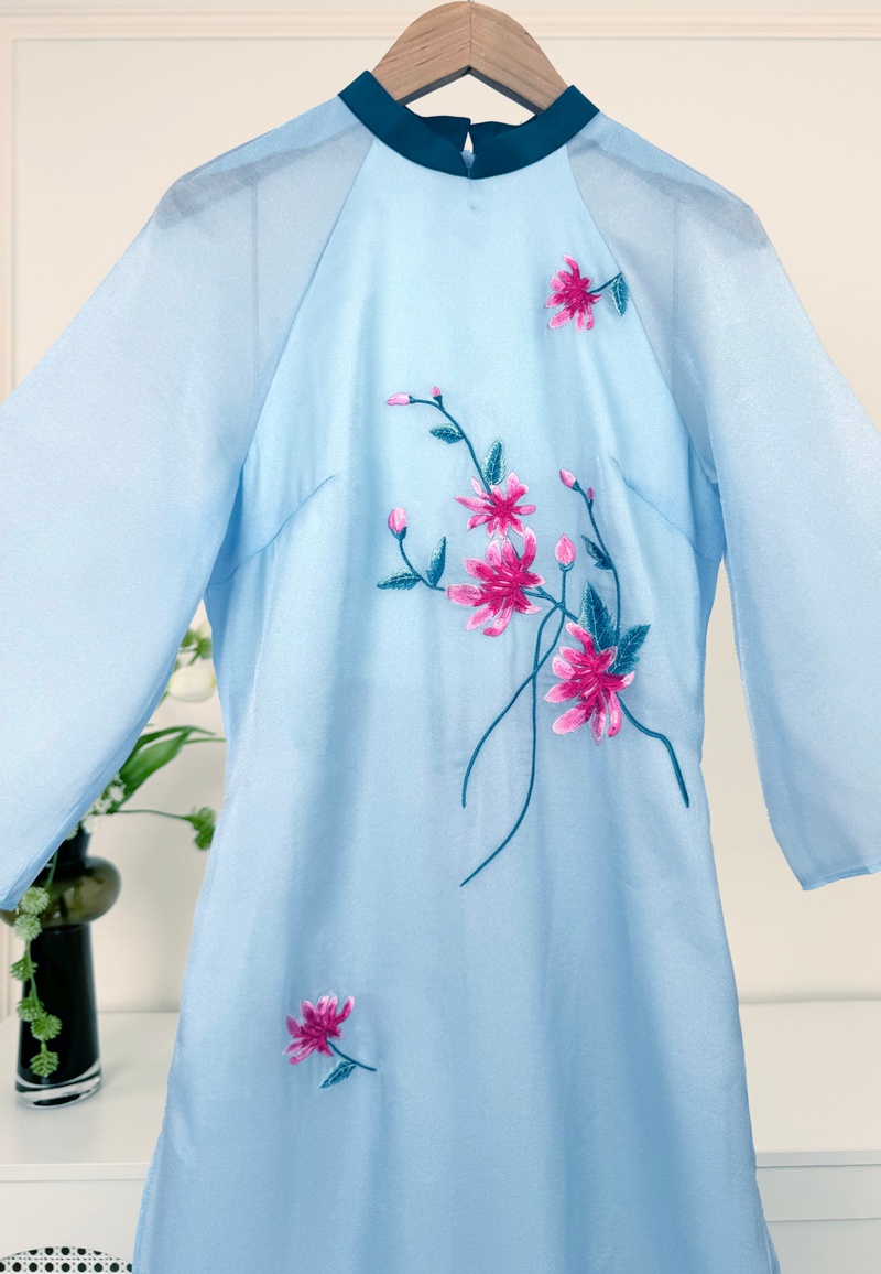 Shimmer Blue Embroidered Modern Silk Ao Dai