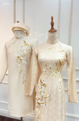 Beige Embroidered Wedding Ao Dai for couples