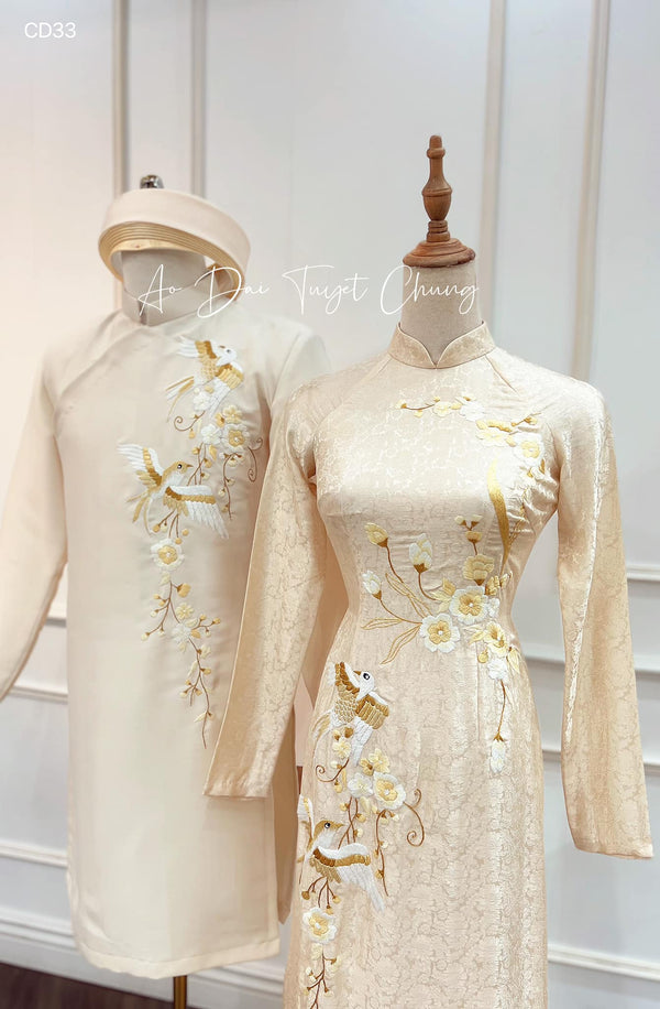 Beige Embroidered Wedding Ao Dai for couples
