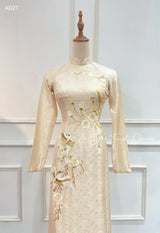Beige Embroidered Wedding Ao Dai for couples