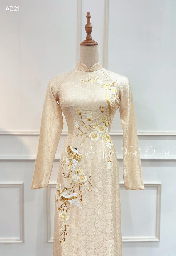 Beige Embroidered Wedding Ao Dai for couples