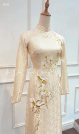 Beige Embroidered Wedding Ao Dai for couples