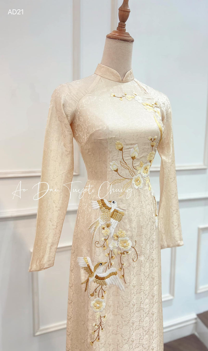 Beige Embroidered Wedding Ao Dai for couples