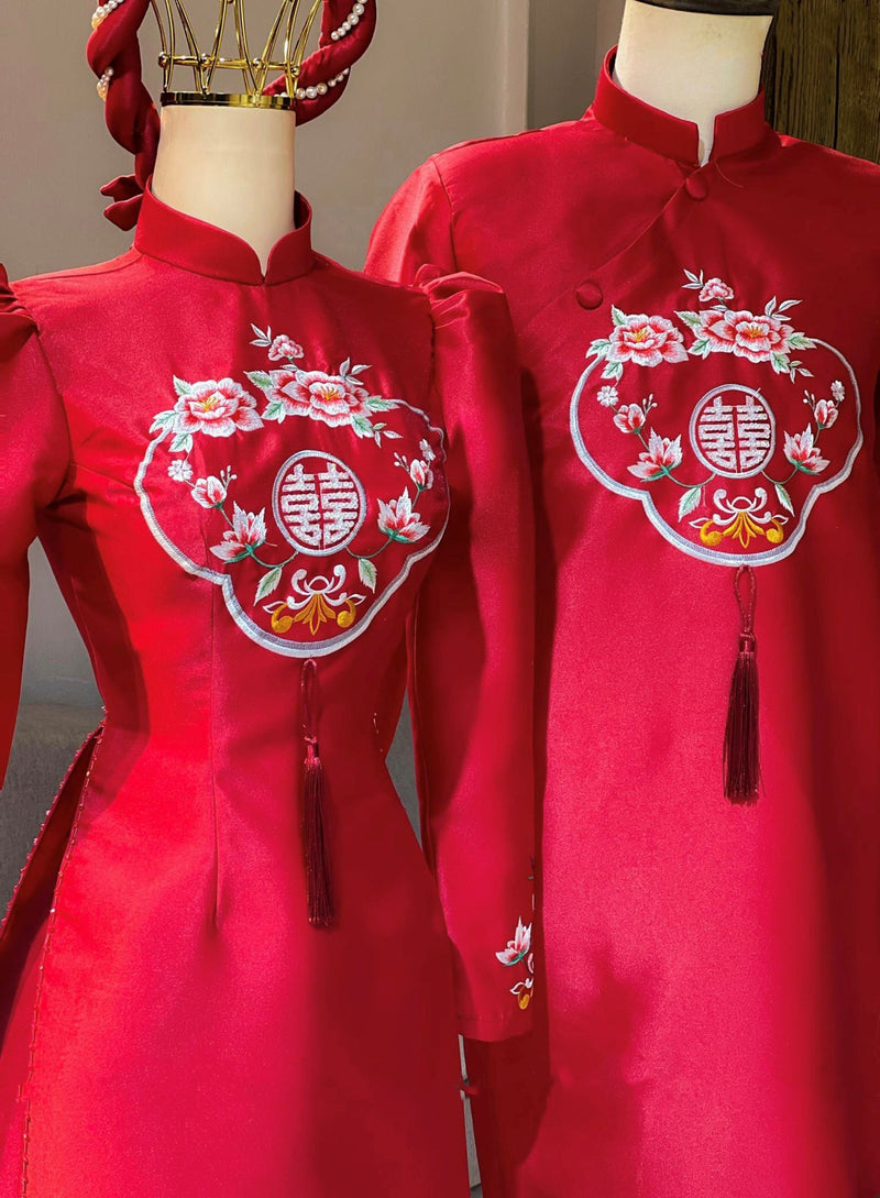 Silk Embroidered Ao Dai For Couples