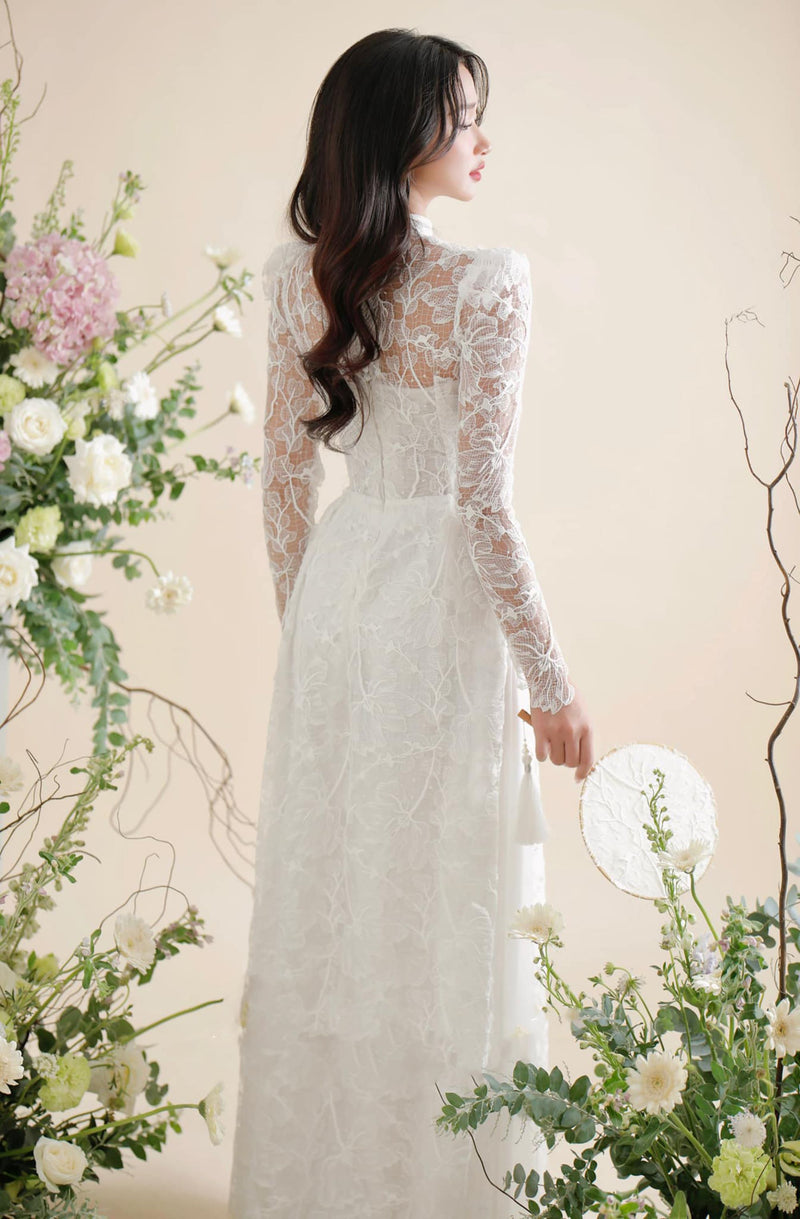 Elegant Lace Vietnamese Modernized Wedding Ao Dai
