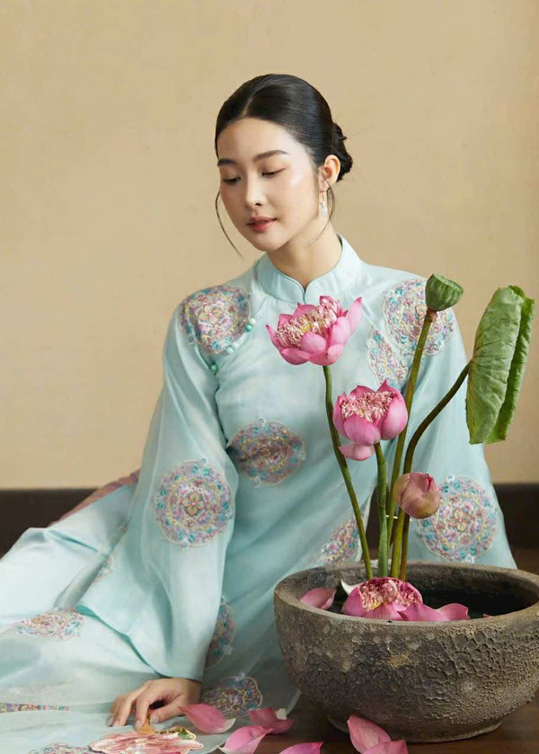 Light Blue Chiffon Embroidered Floral Modernize Ao Dai