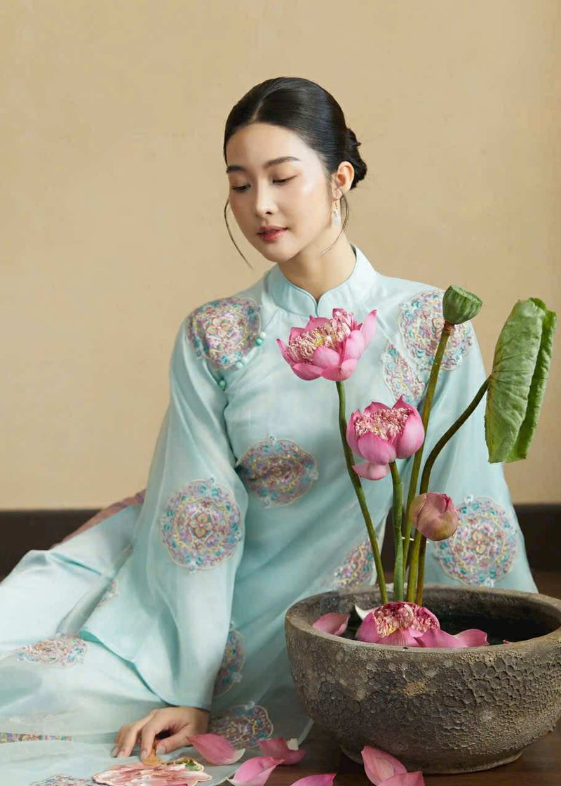 Light Blue Chiffon Embroidered Floral Modernize Ao Dai