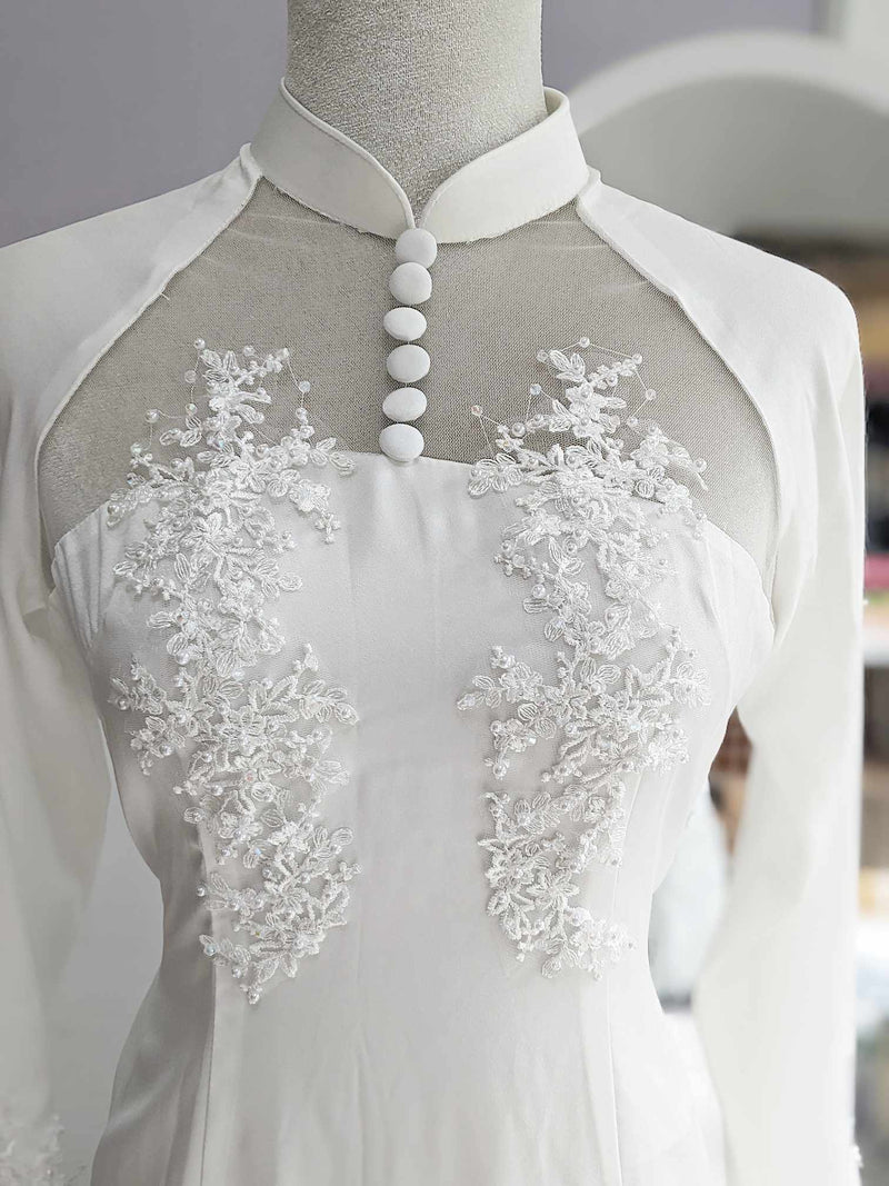Elegant Lace Vietnamese Modernized Wedding Ao Dai