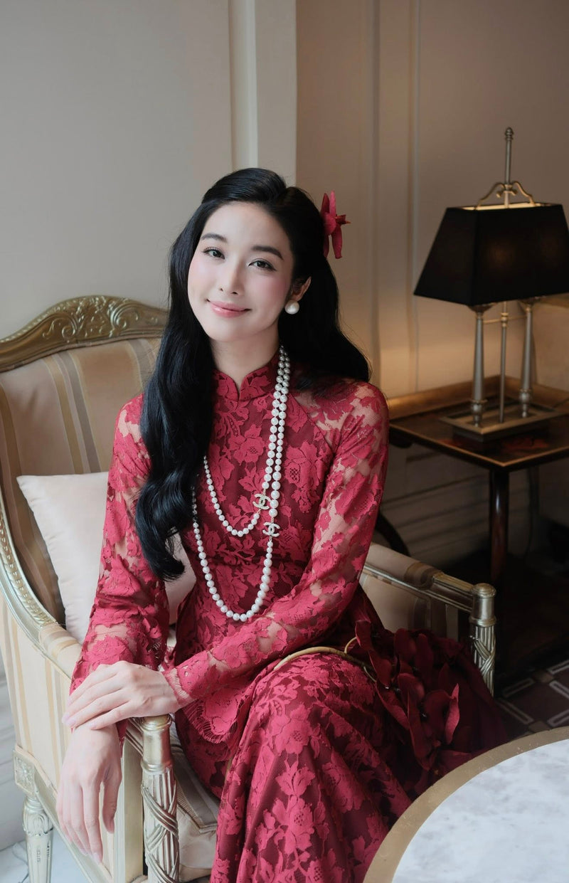 Red Floral Embroidered Lace Modernize Ao Dai