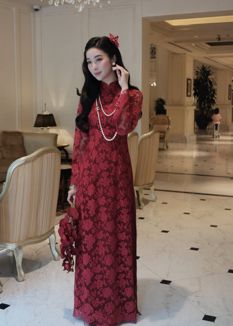 Red Floral Embroidered Lace Modernize Ao Dai