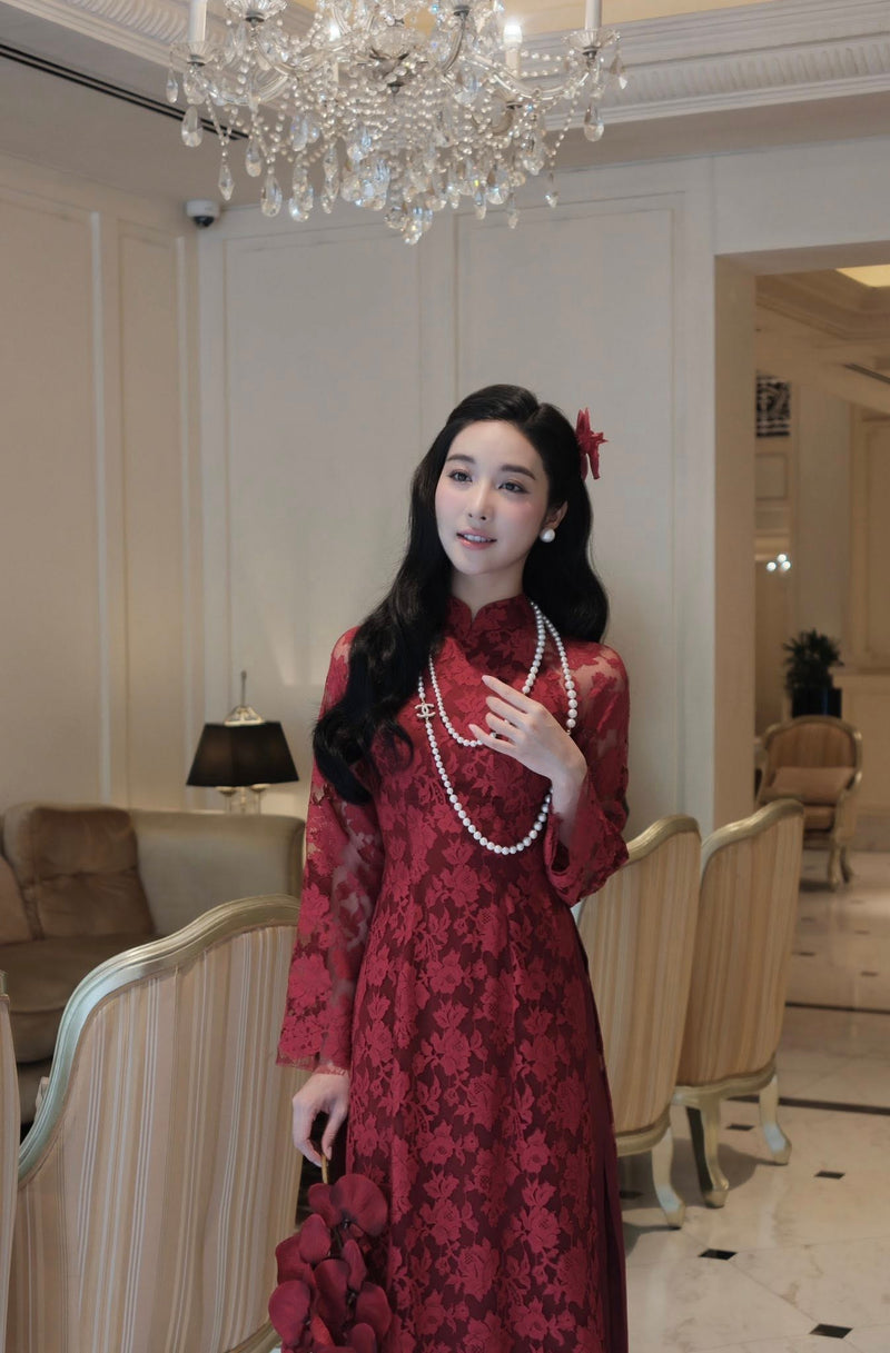 Red Floral Embroidered Lace Modernize Ao Dai
