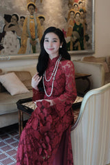 Red Floral Embroidered Lace Modernize Ao Dai