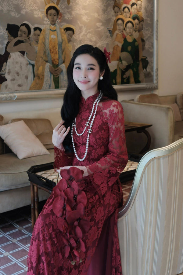 Red Floral Embroidered Lace Modernize Ao Dai