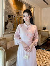 Floral-Embroidered Light Pink Modernized Ao Dai