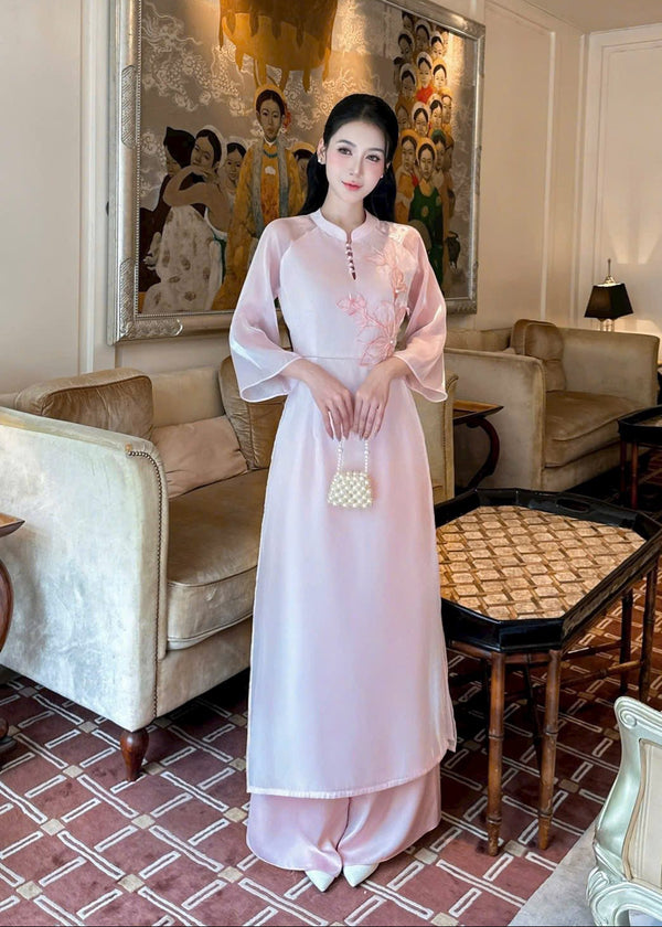 Floral-Embroidered Light Pink Modernized Ao Dai