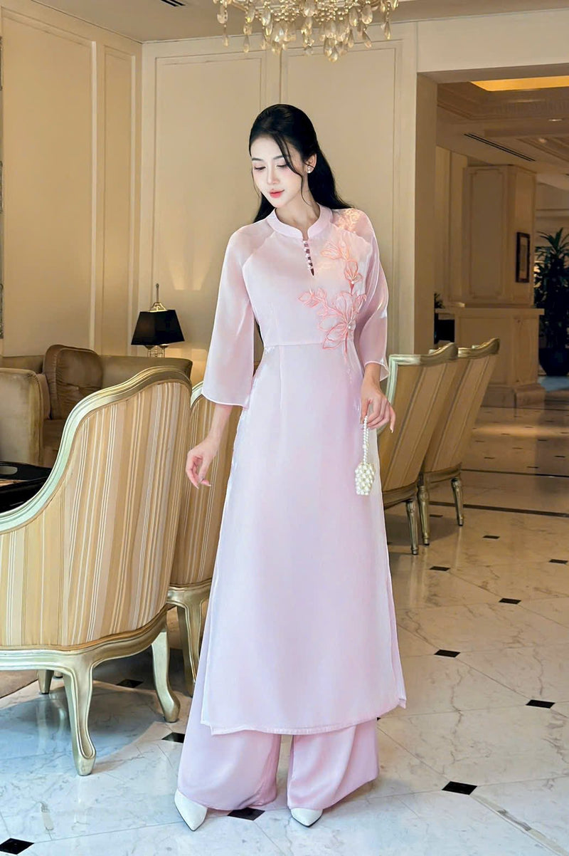 Floral-Embroidered Light Pink Modernized Ao Dai