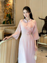 Floral-Embroidered Light Pink Modernized Ao Dai