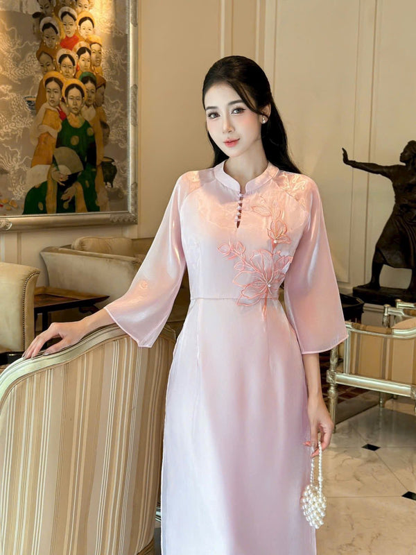 Floral-Embroidered Light Pink Modernized Ao Dai