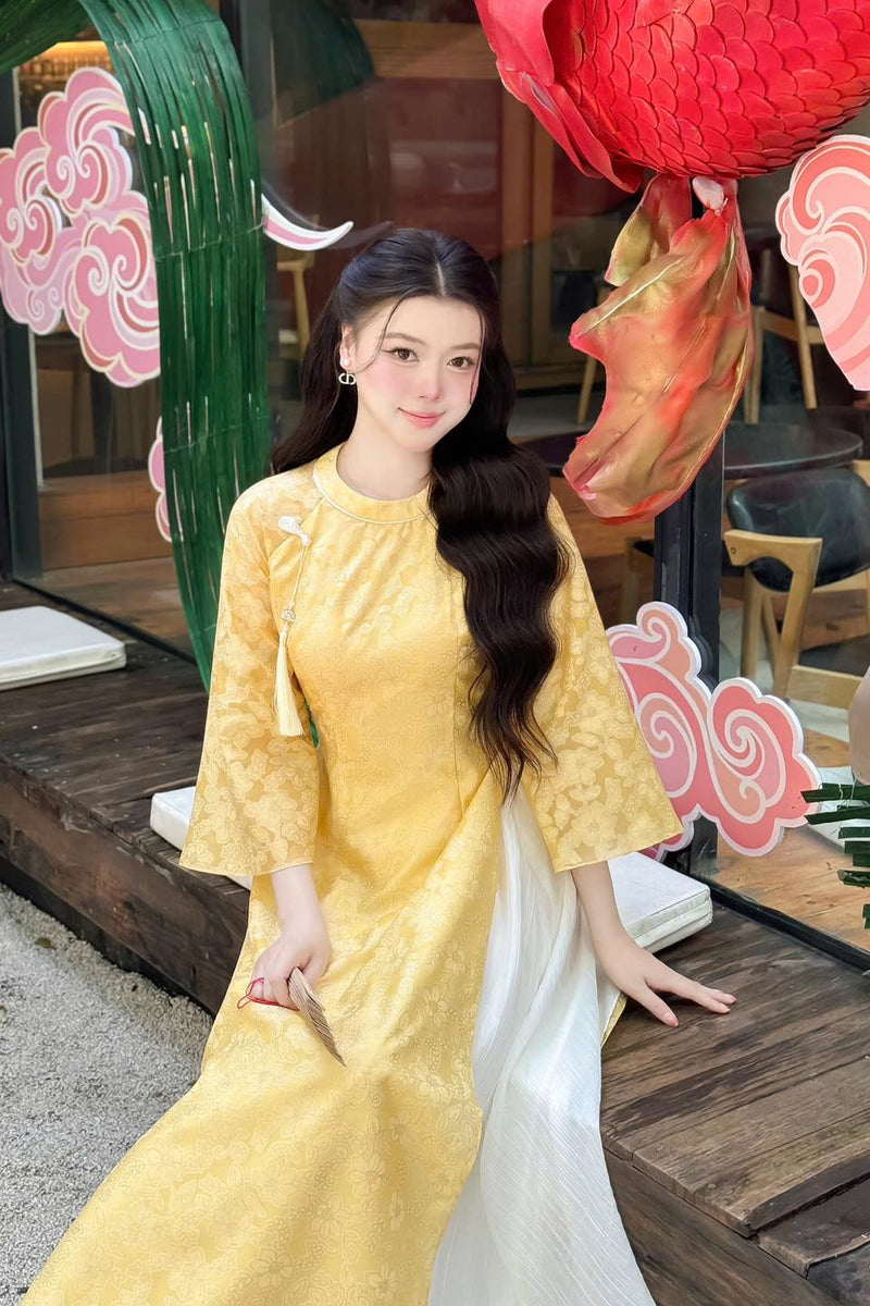Yellow Silk Modernize Ao Dai With White Skirt