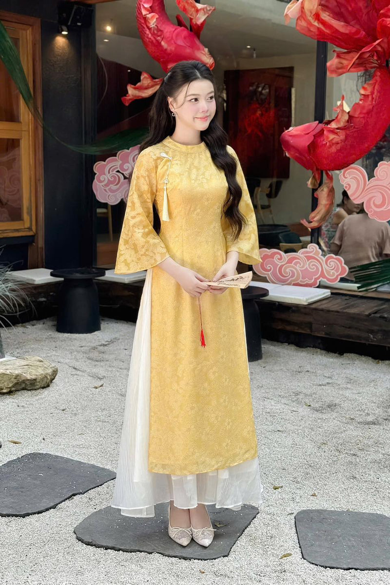 Yellow Silk Modernize Ao Dai With White Skirt