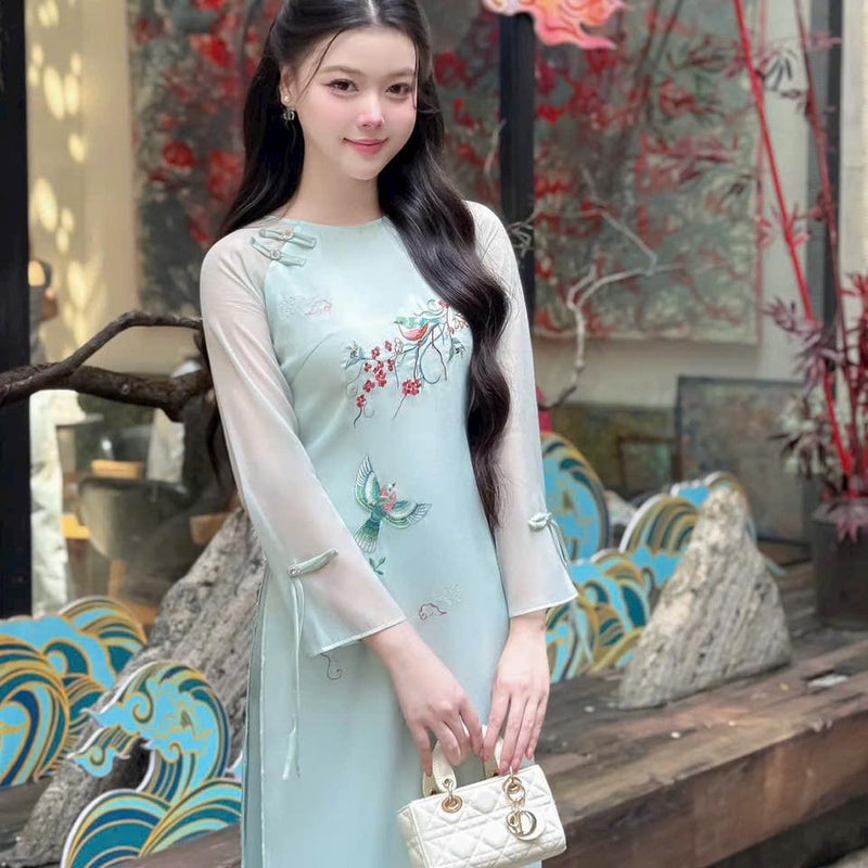 Embroidered Light Geen Silk Modernize Ao Dai