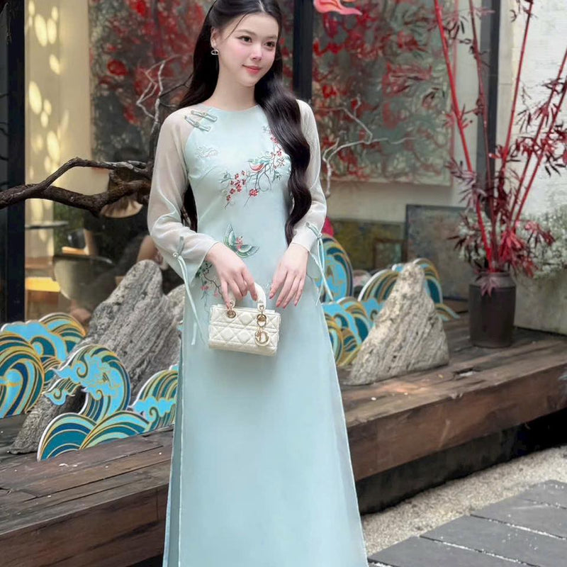Embroidered Light Geen Silk Modernize Ao Dai
