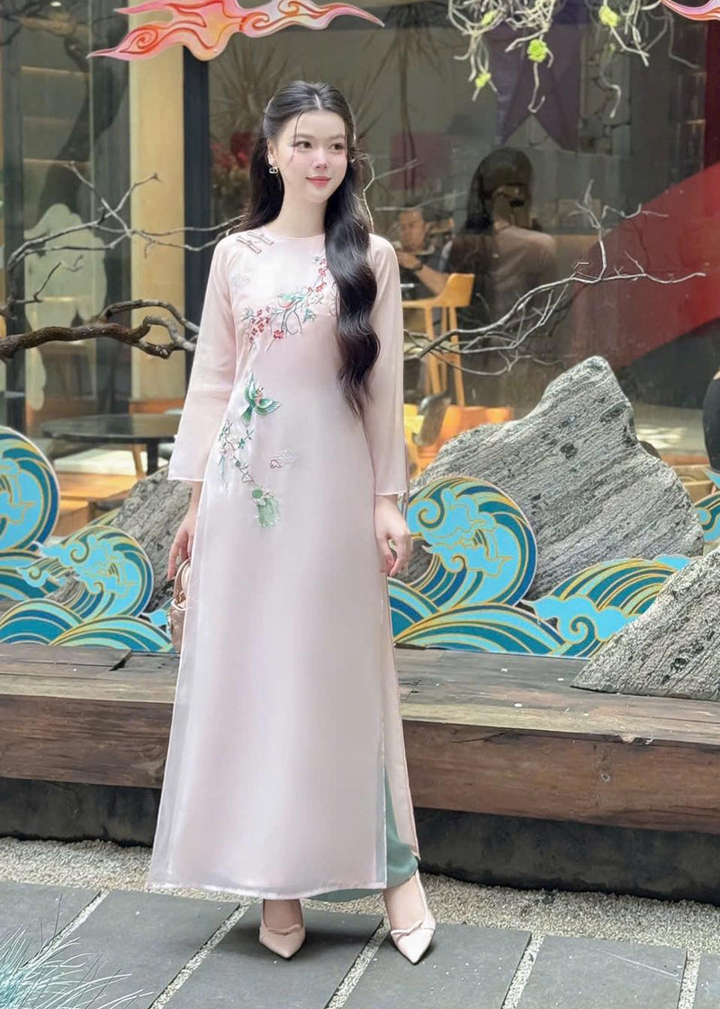Embroidered Pink Silk Modernize Ao Dai