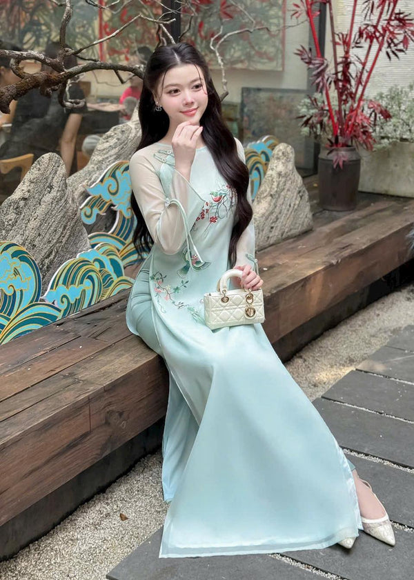 Embroidered Light Geen Silk Modernize Ao Dai