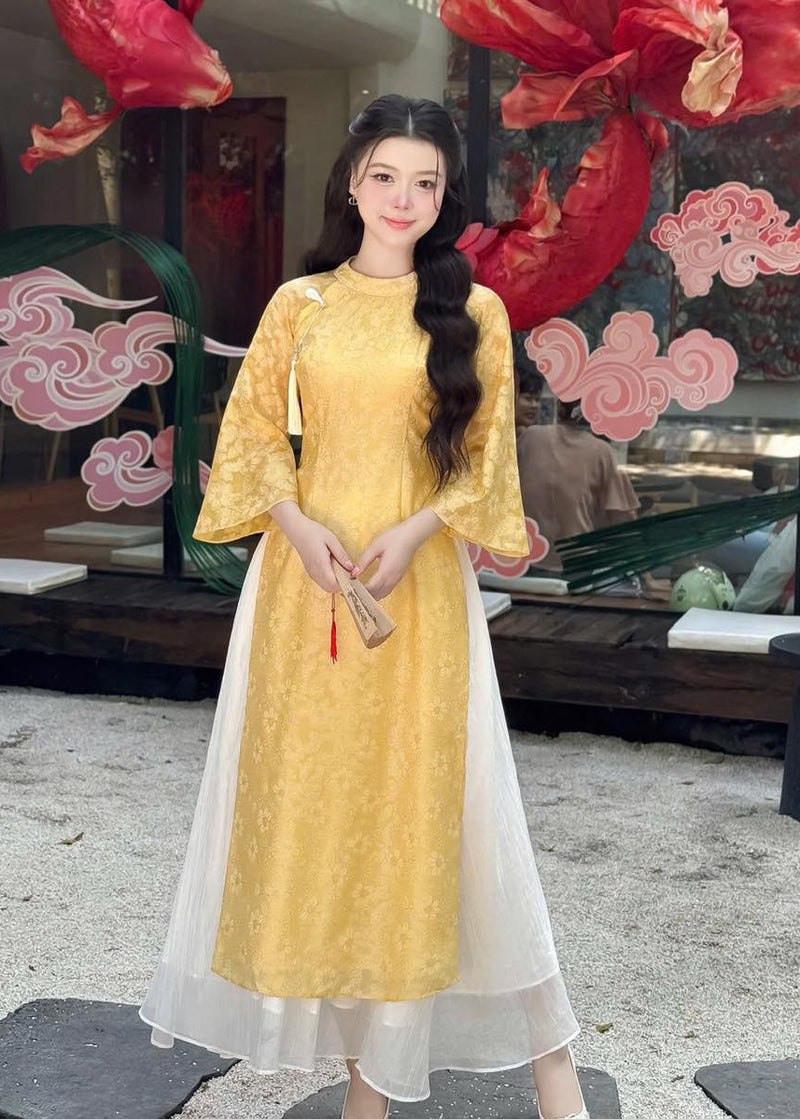 Yellow Silk Modernize Ao Dai With White Skirt