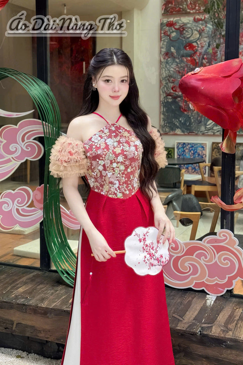 Halter-Neck Silk Modernize Ao Dai