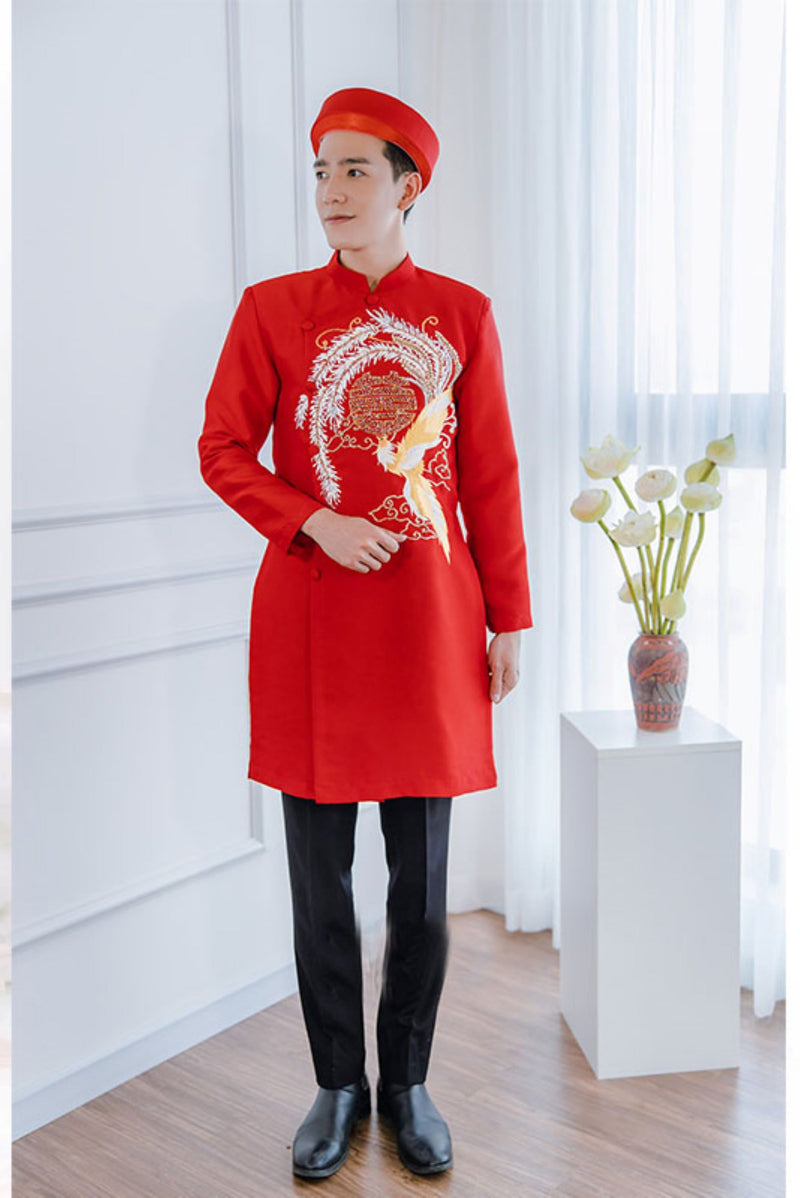 Red EmbroideredTraditional Wedding Ao Dai