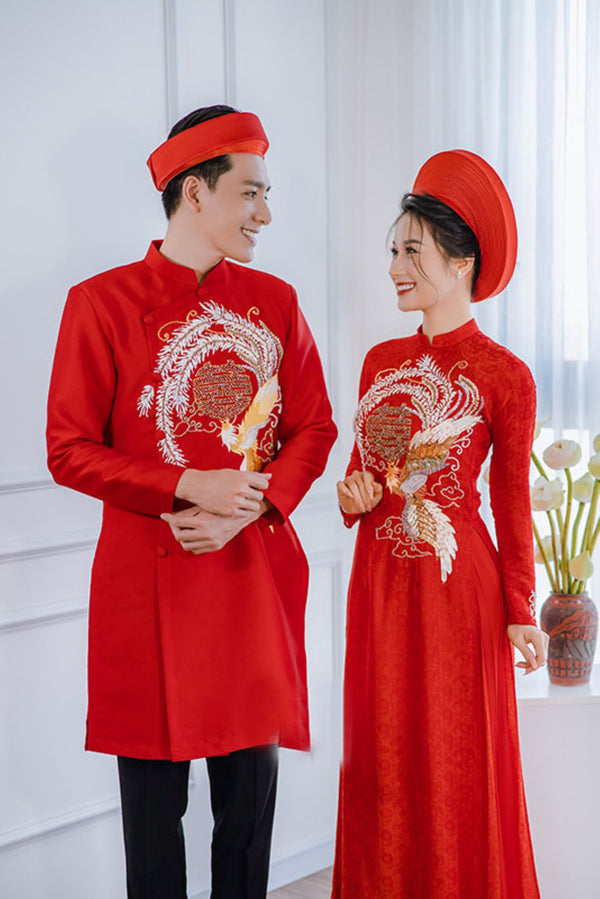 Red EmbroideredTraditional Wedding Ao Dai