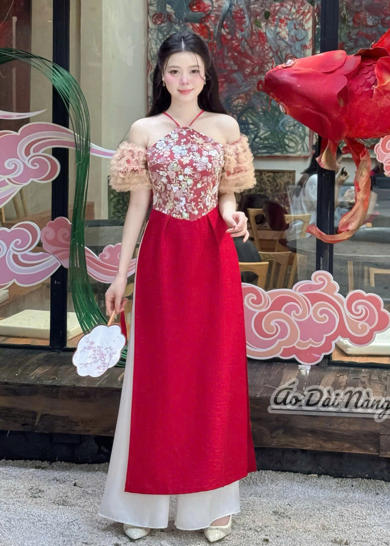 Halter-Neck Silk Modernize Ao Dai
