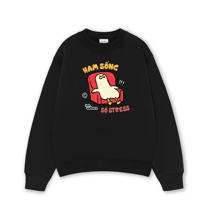 Áo Sweater Form Rộng In Meme Chú Vịt Ham Sống Sợ Stress