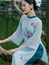 Shimmer Blue Embroidered Modern Silk Ao Dai