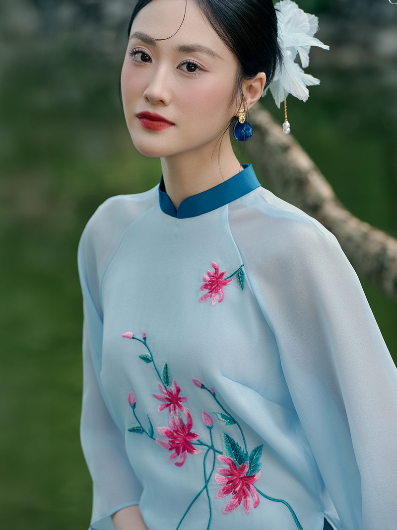 Shimmer Blue Embroidered Modern Silk Ao Dai