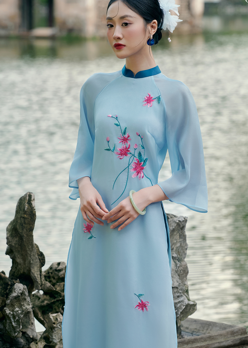 Shimmer Blue Embroidered Modern Silk Ao Dai