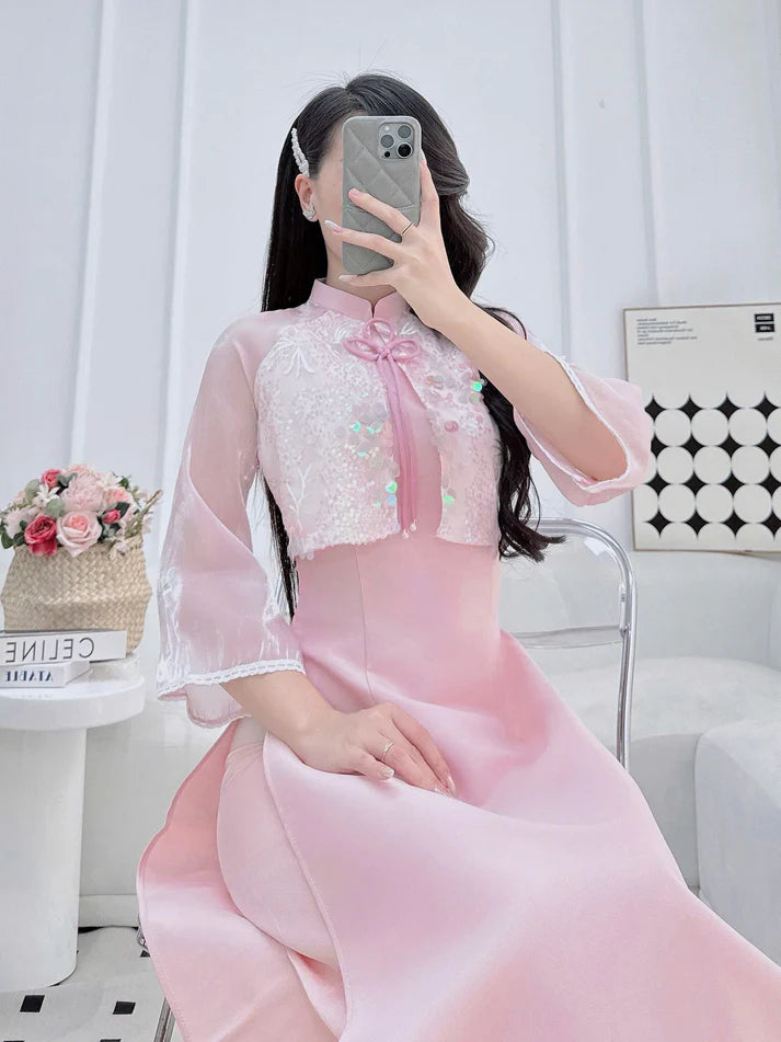 Light Pink Structured Silk Modernized Ao Dai