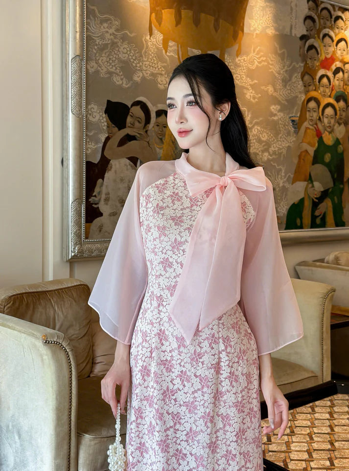 Pink Floral Embroidery Lace  Modernized Ao Dai