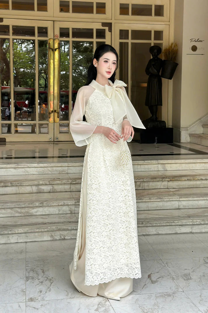 Cream Floral Embroidery Lace Modernized Ao Dai