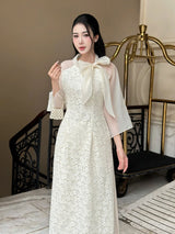 Cream Floral Embroidery Lace Modernized Ao Dai