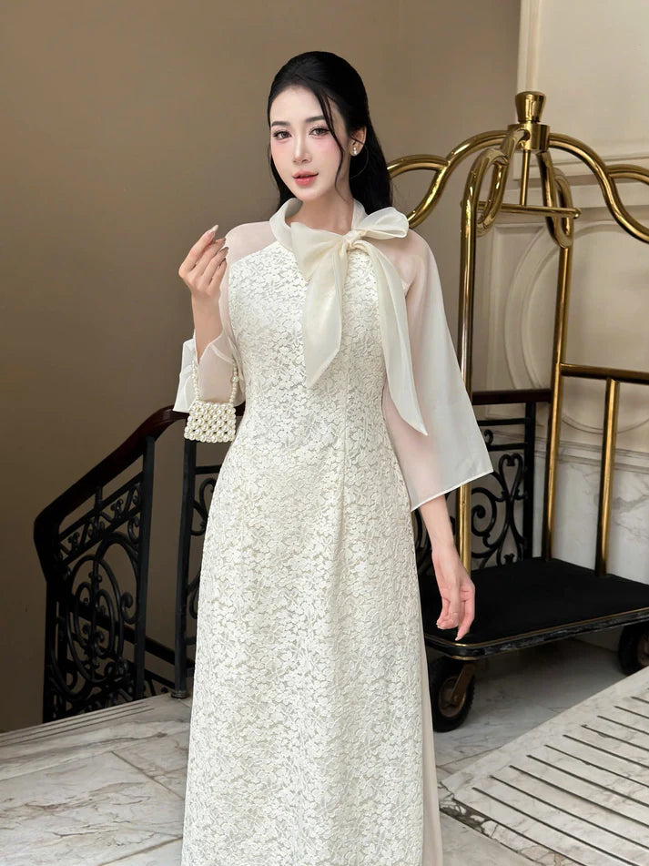 Cream Floral Embroidery Lace Modernized Ao Dai