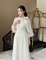 Cream Floral Embroidery Lace Modernized Ao Dai