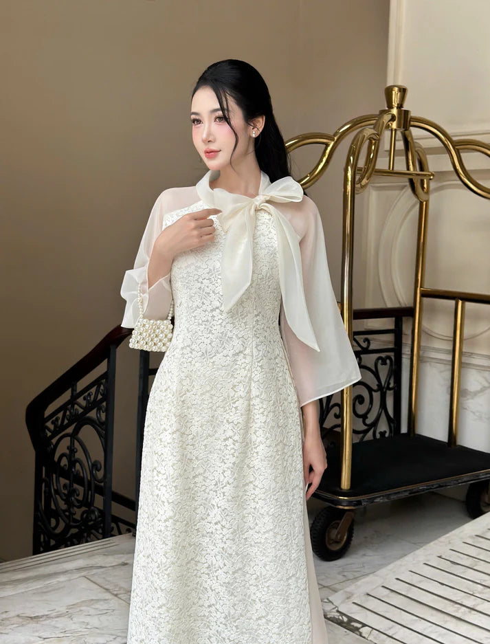 Cream Floral Embroidery Lace Modernized Ao Dai