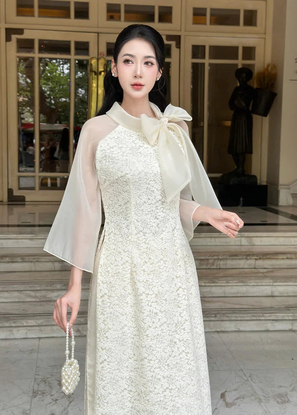 Cream Floral Embroidery Lace Modernized Ao Dai