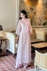 Pink Floral Embroidery Lace  Modernized Ao Dai