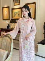 Pink Floral Embroidery Lace  Modernized Ao Dai