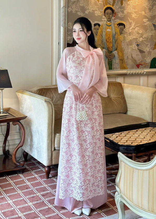 Pink Floral Embroidery Lace  Modernized Ao Dai