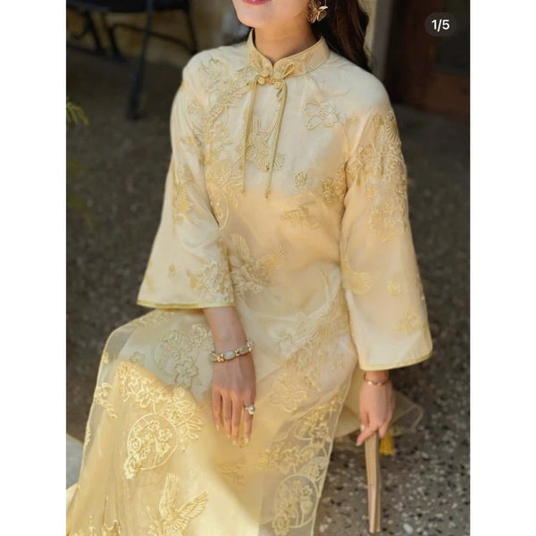 Embroidered Silk-Lined Organza Modernize Ao Dai